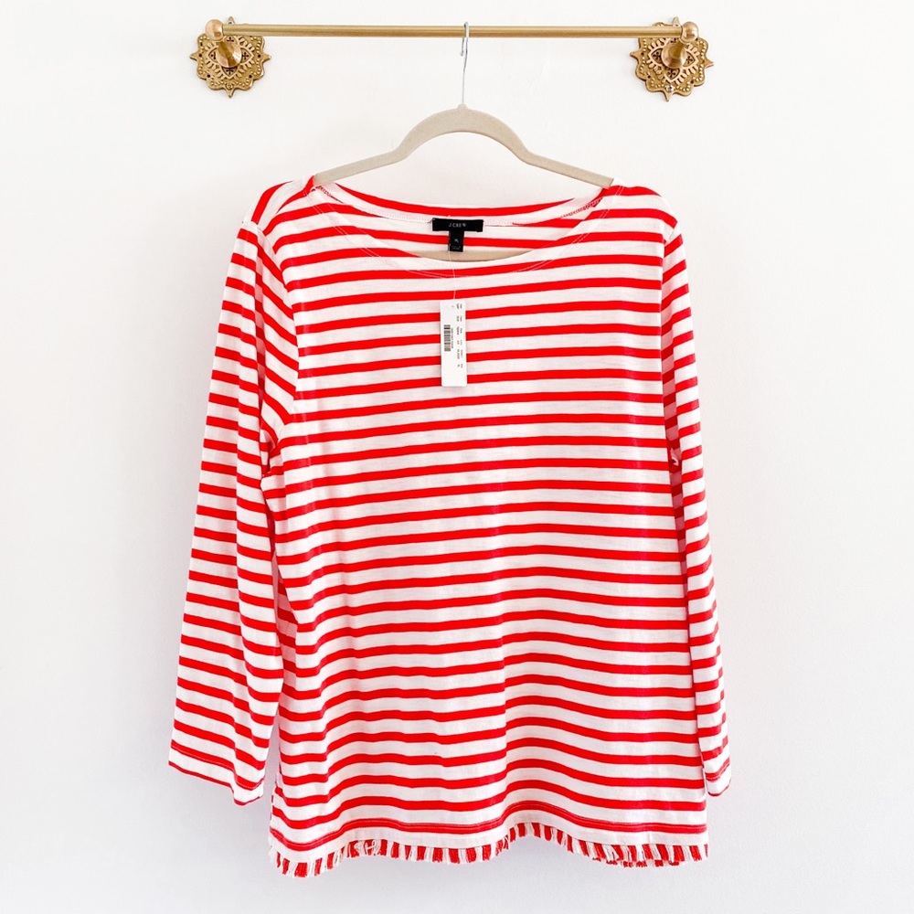 J.Crew Red Stripe Fringe Hem Boxy Tee